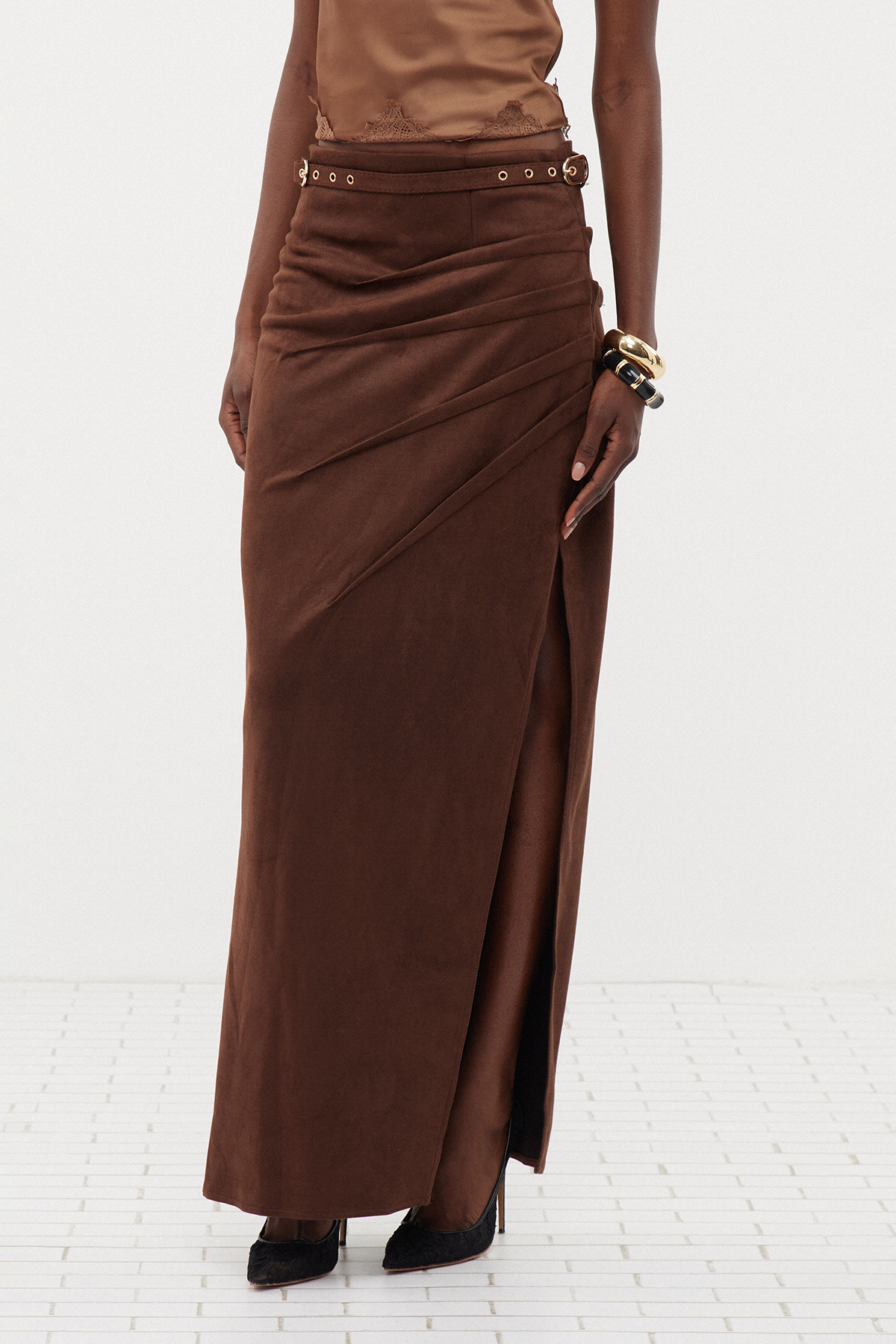 Ermintrude Suede Asymmetric Maxi Skirt