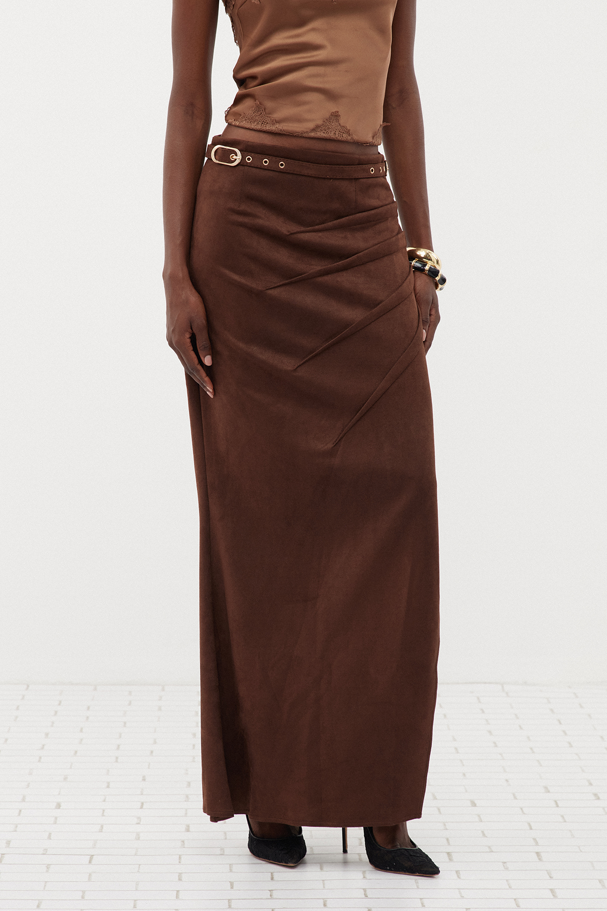 Ermintrude Suede Asymmetric Maxi Skirt