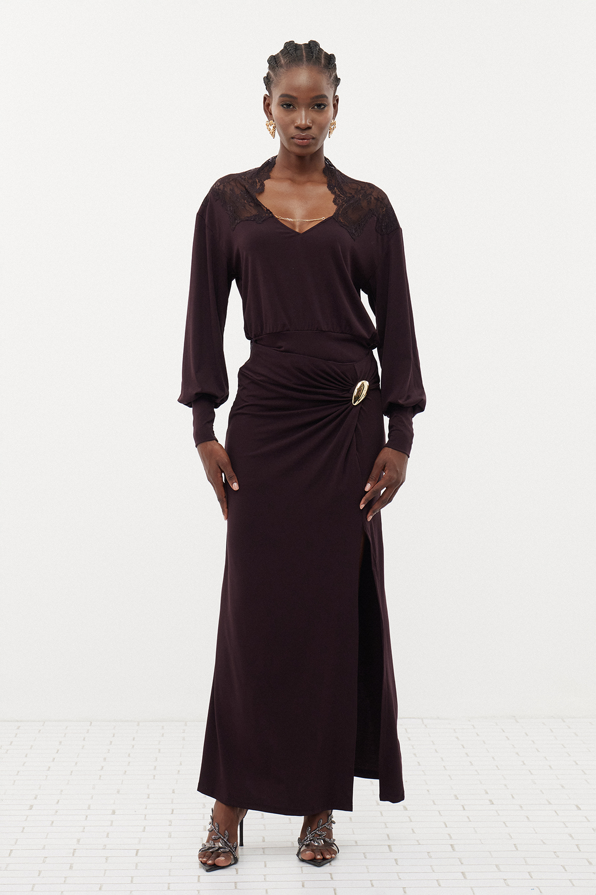 Ermira Lace Ruch Split Skirt Set