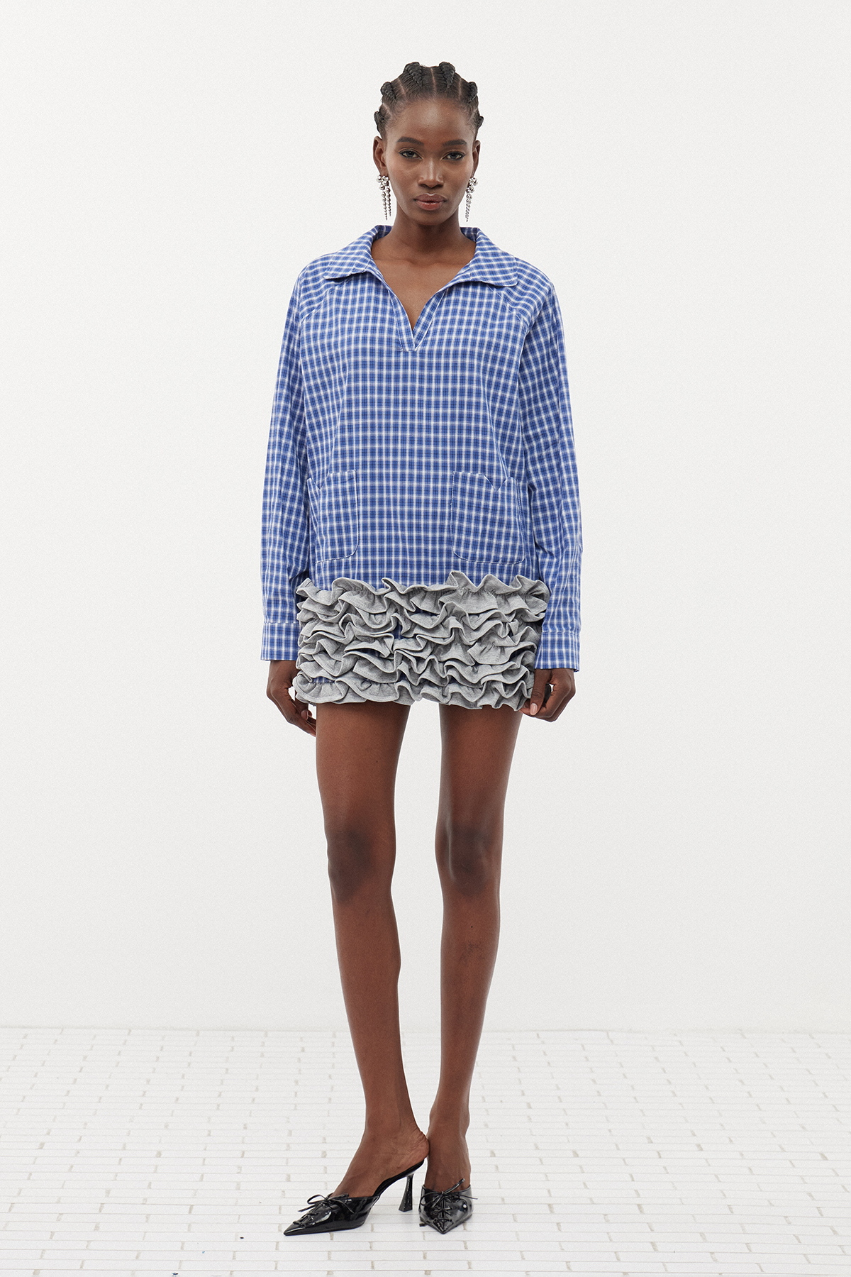 Errol Grid Ruffle Mini Shirt Dress