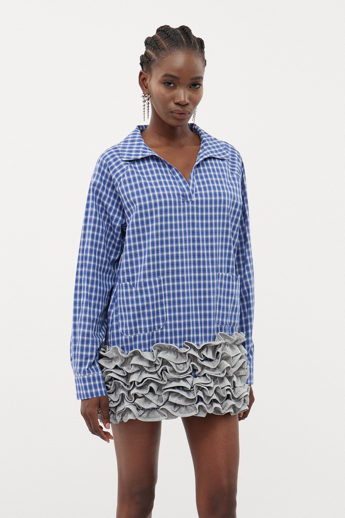 Errol Grid Ruffle Mini Shirt Dress
