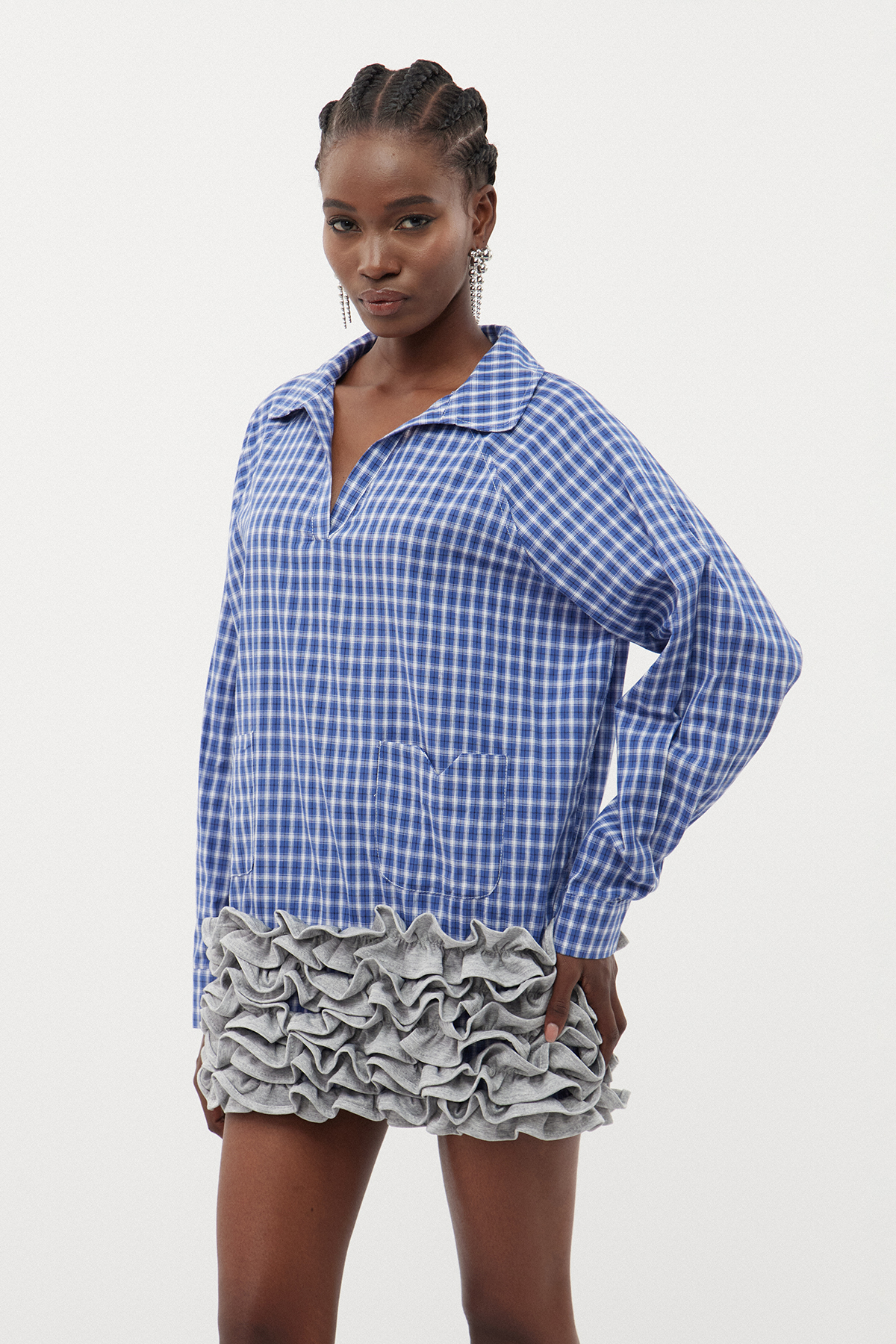 Errol Grid Ruffle Mini Shirt Dress