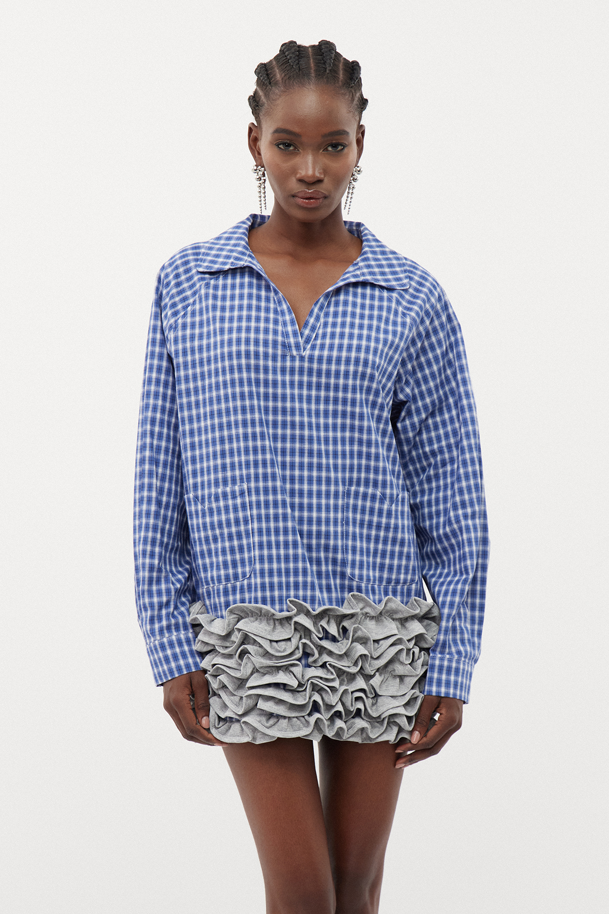 Errol Grid Ruffle Mini Shirt Dress