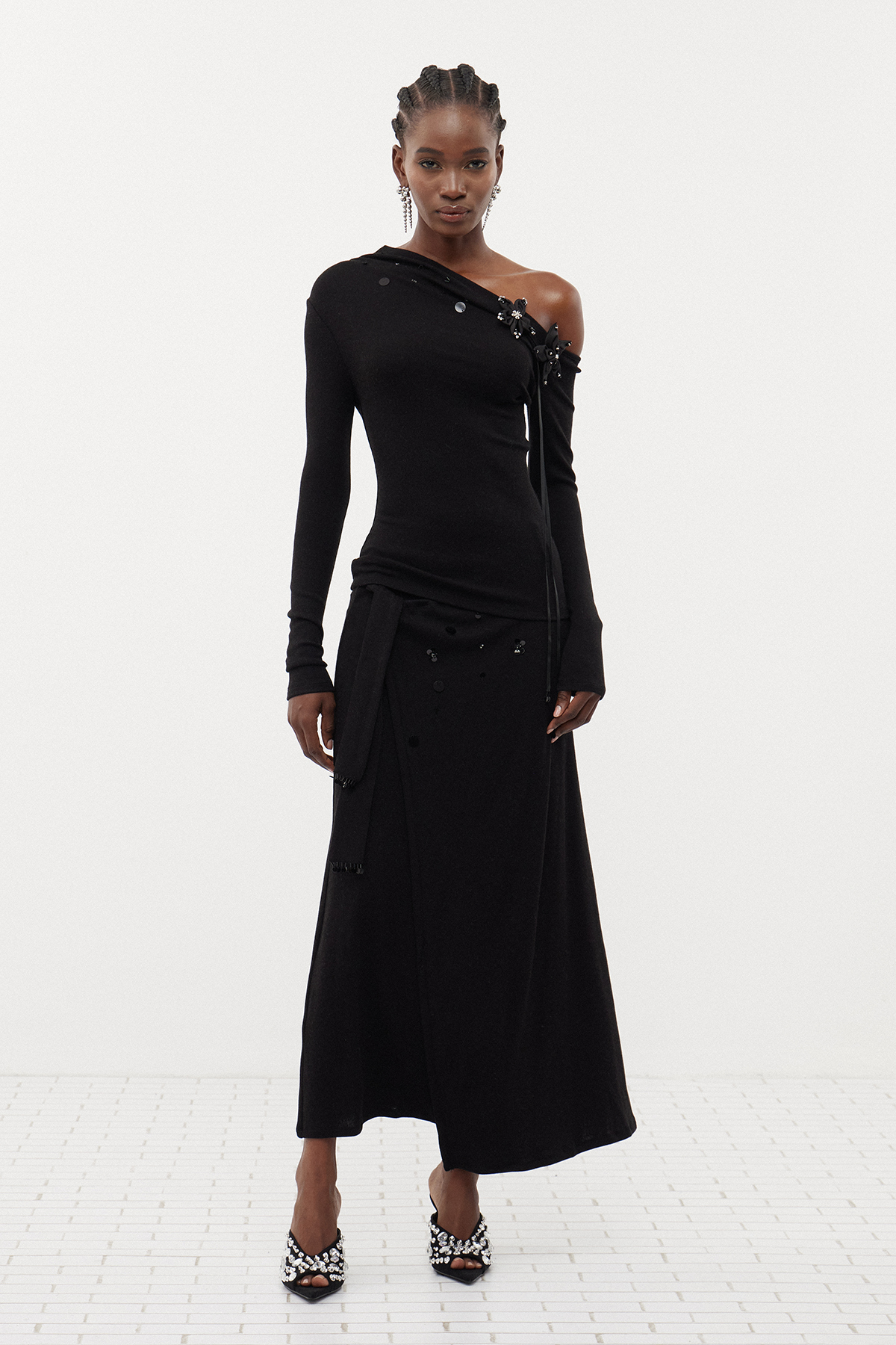 Erzhan One Shoulder Flower Sequin Top