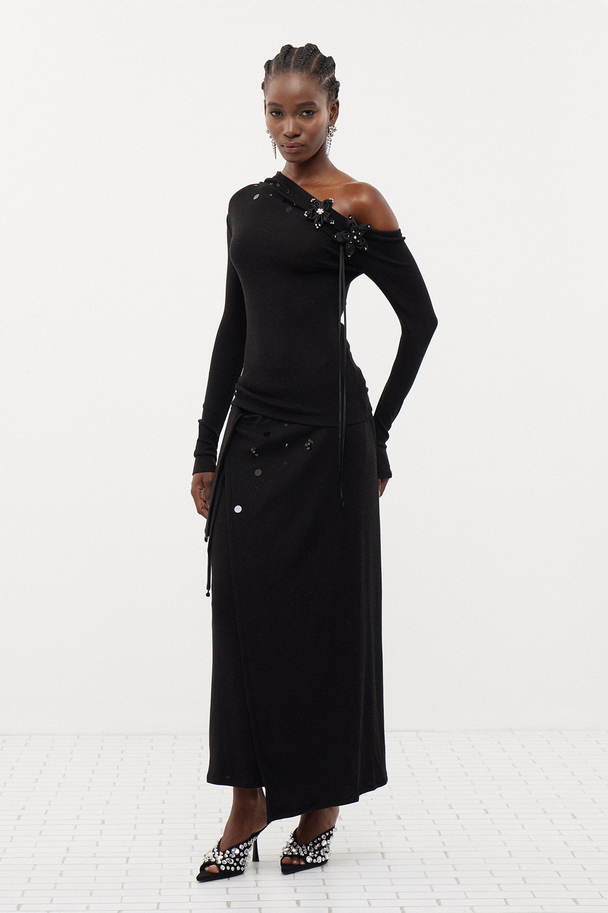 Erzhan One Shoulder Flower Sequin Top