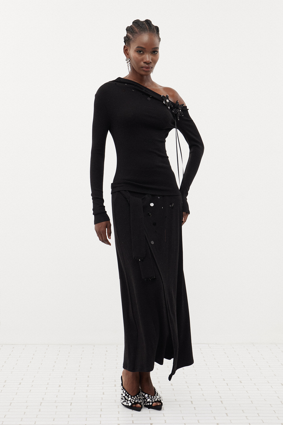 Erzhan One Shoulder Flower Sequin Top