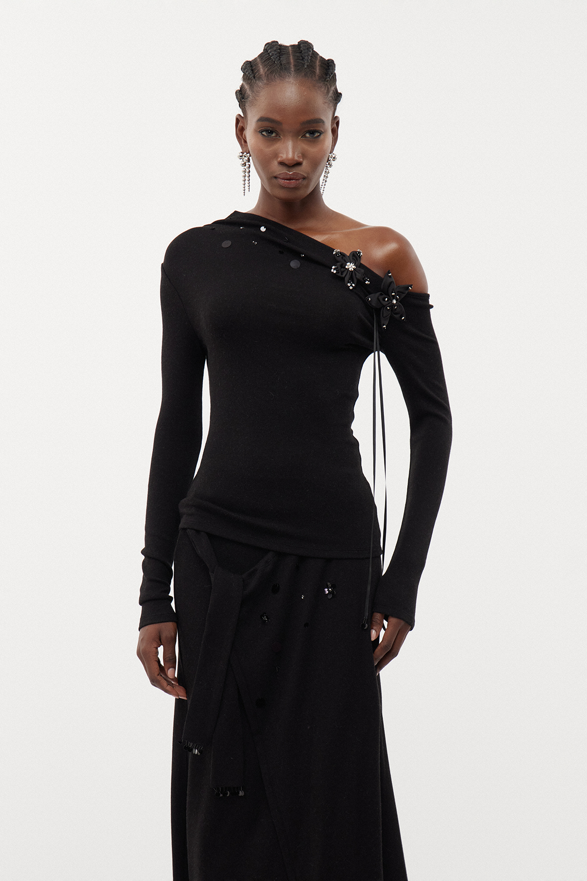 Erzhan One Shoulder Flower Sequin Top