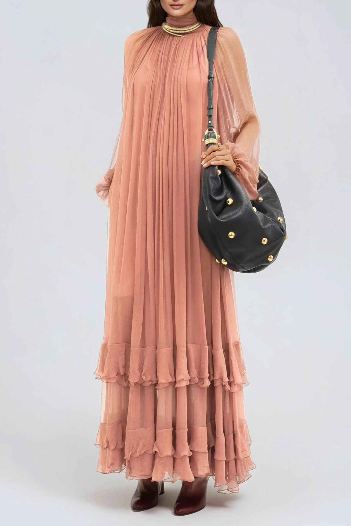 Eshe High Neck Mesh Tiered Maxi Dress