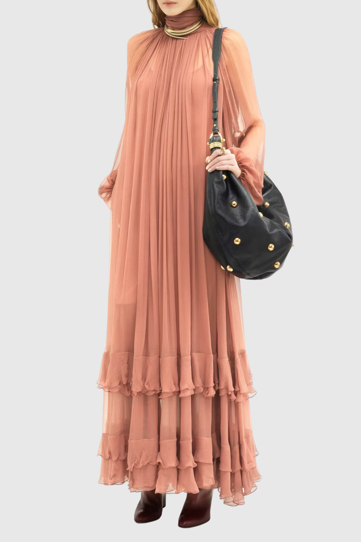 Eshe High Neck Mesh Tiered Maxi Dress