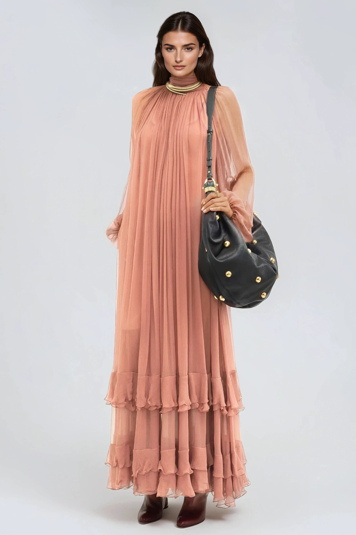 Eshe High Neck Mesh Tiered Maxi Dress