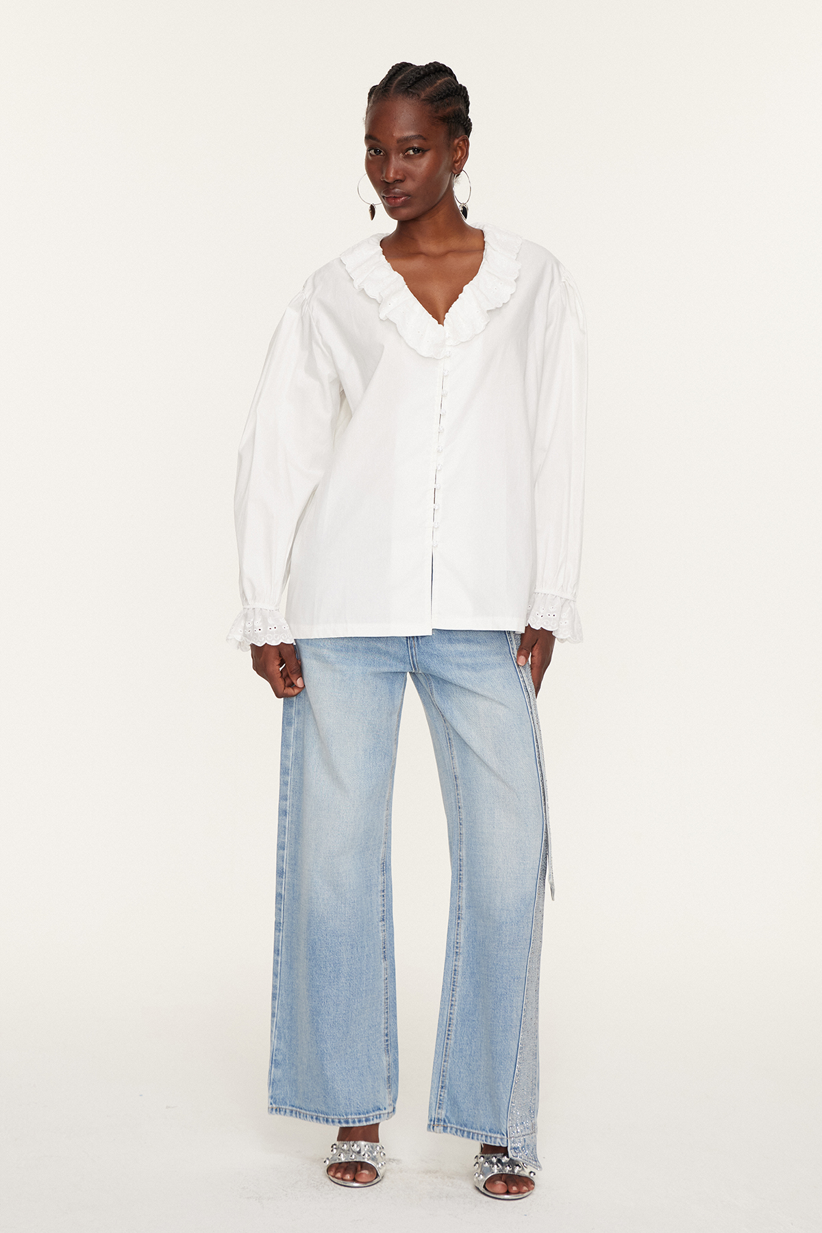 Eslem V Neck Ruffle Embroidered Shirt