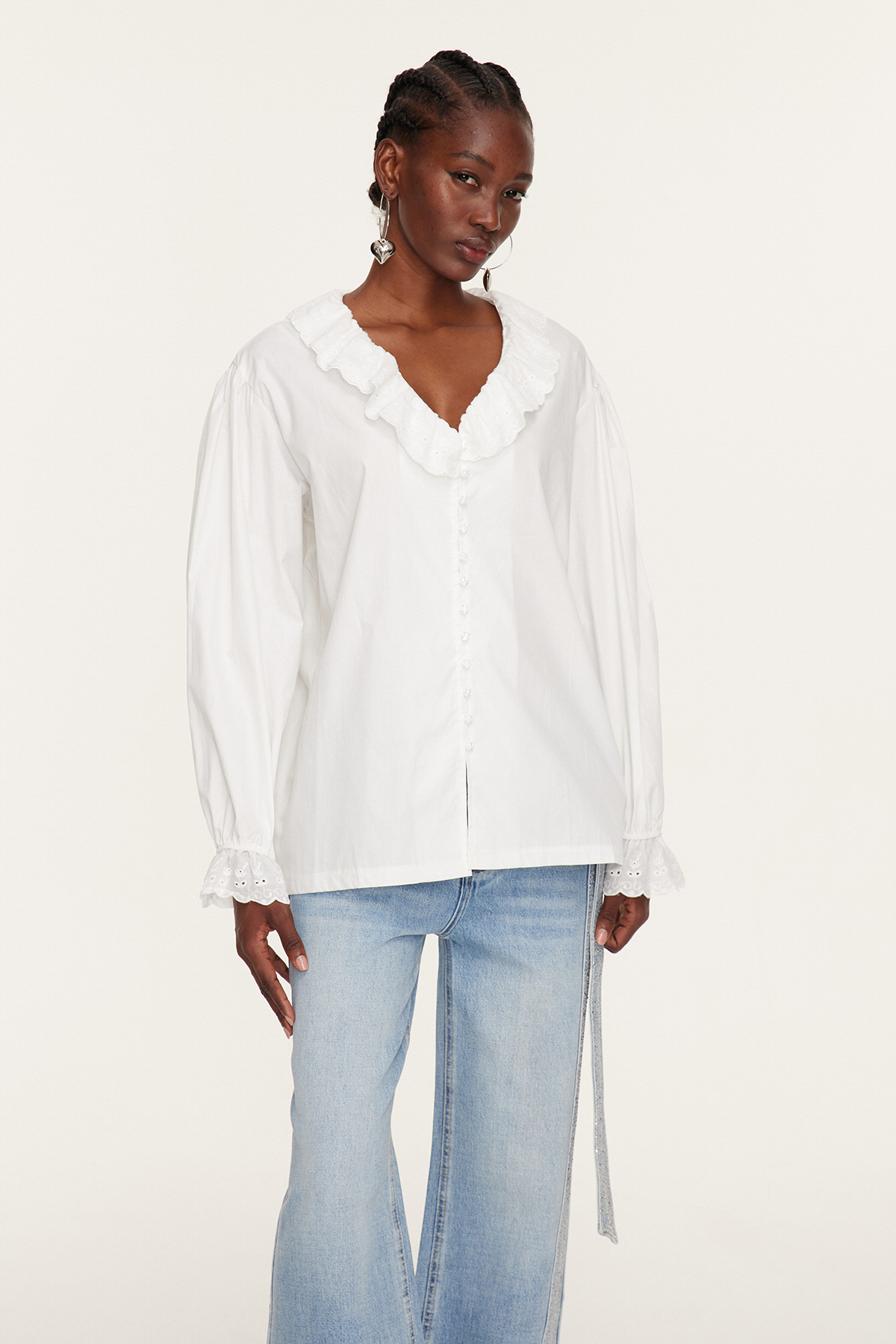 Eslem V Neck Ruffle Embroidered Shirt