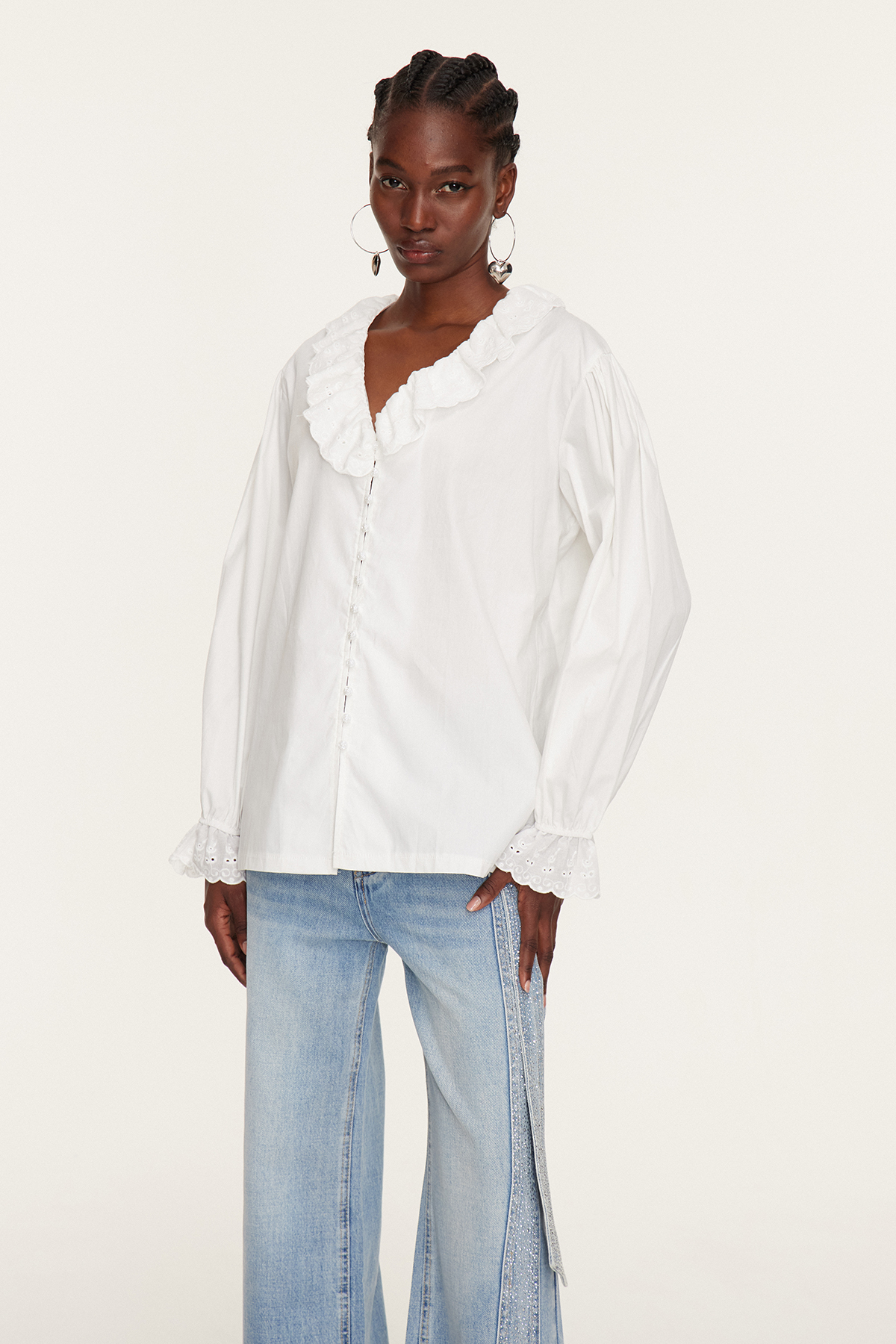 Eslem V Neck Ruffle Embroidered Shirt