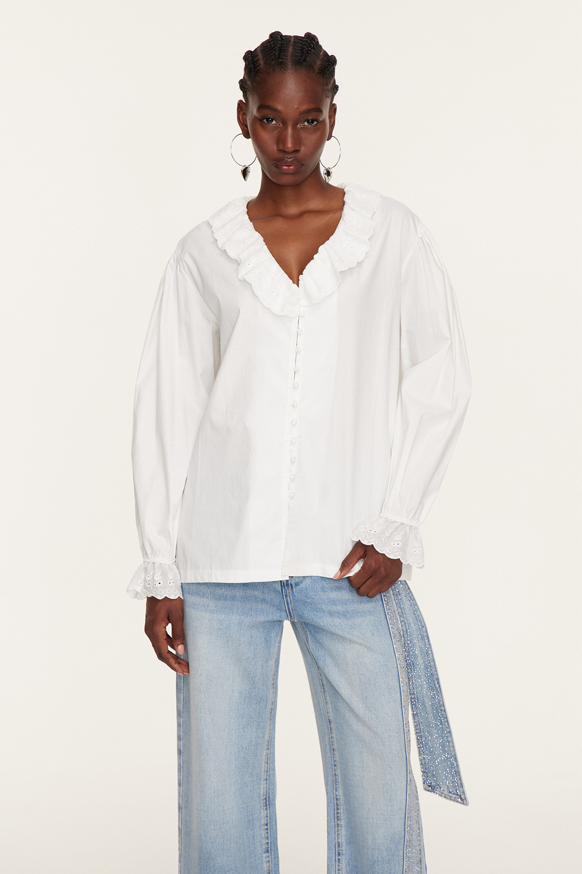 Eslem V Neck Ruffle Embroidered Shirt
