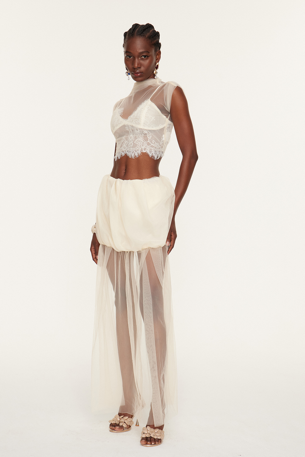 Esmat Mesh Lace Ruch Skirt Set