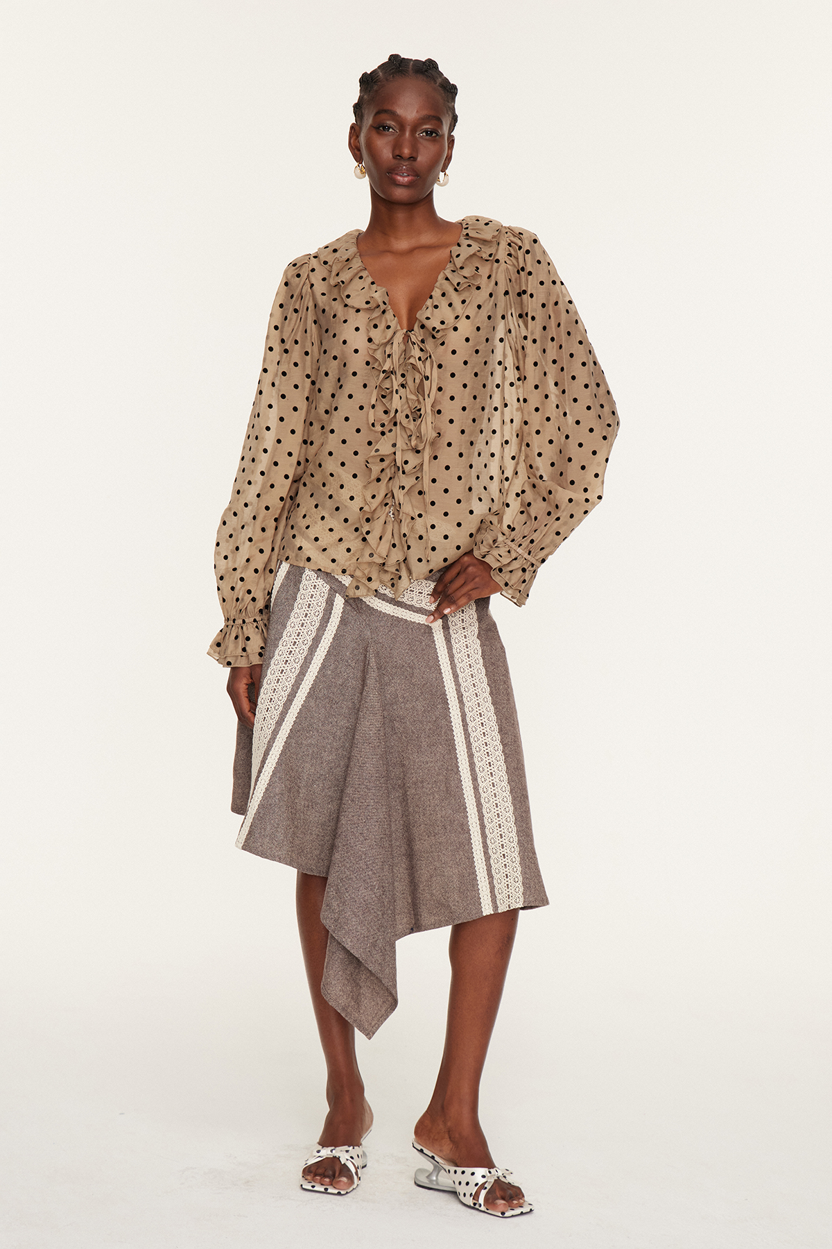 Essi Balloon Sleeve Ruffle Dot Top