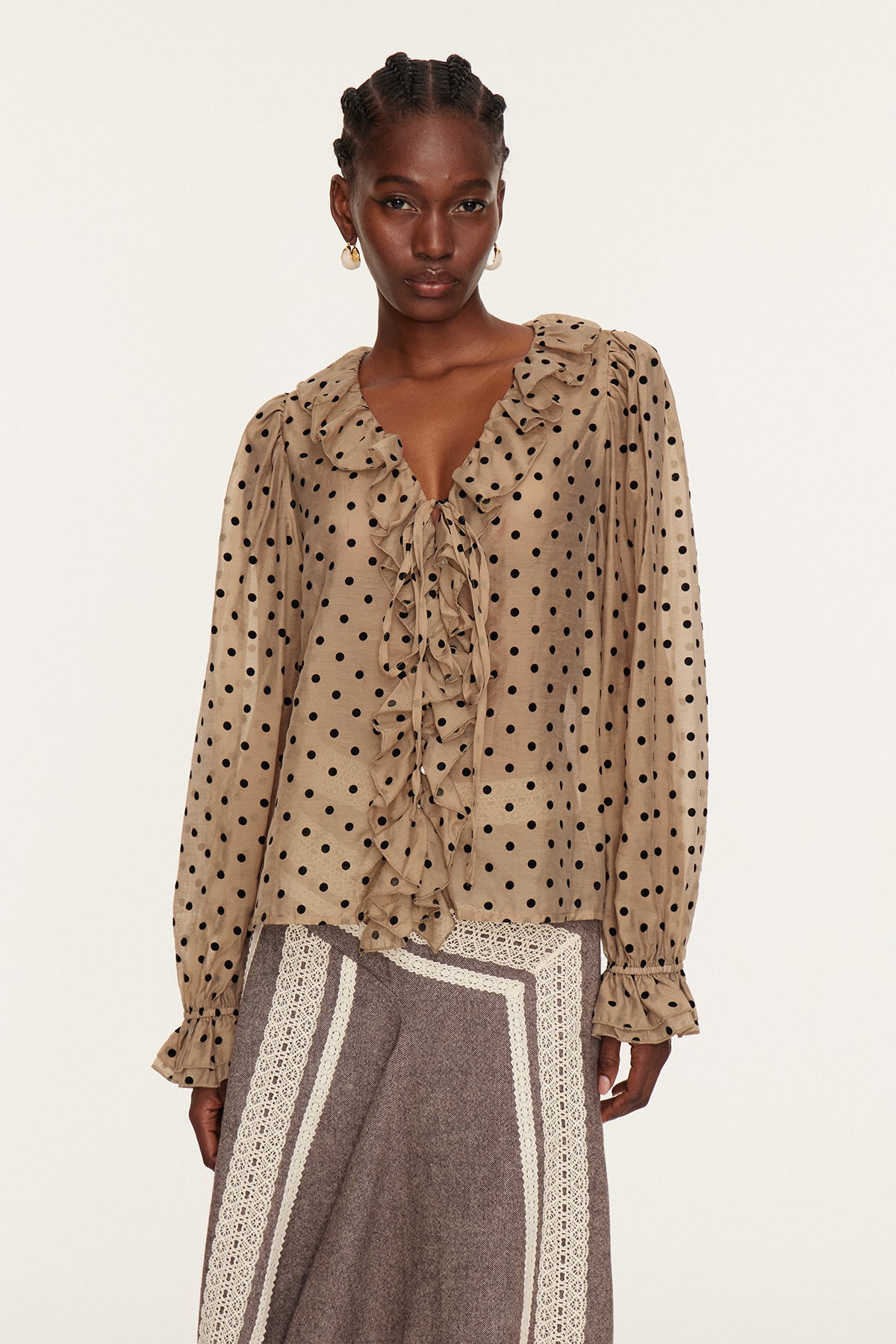 Essi Balloon Sleeve Ruffle Dot Top