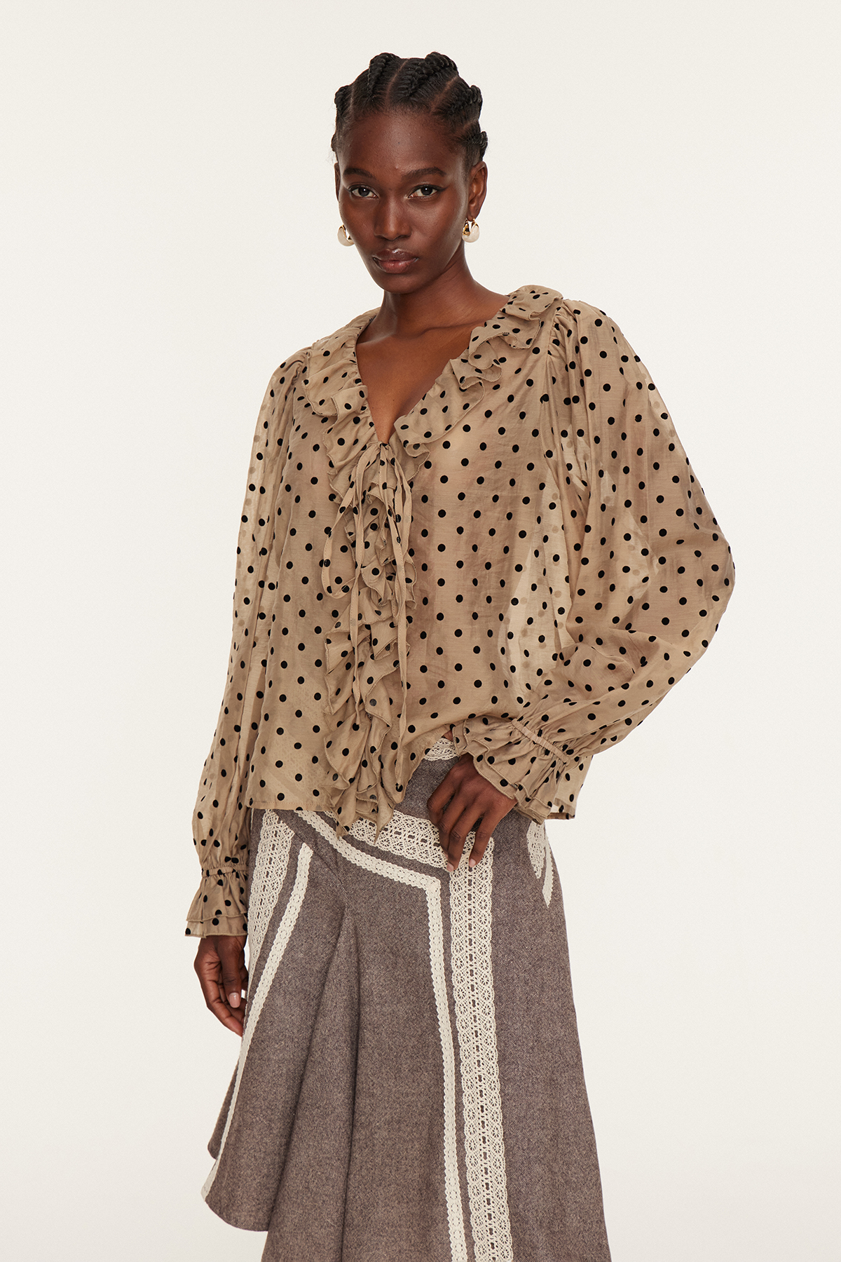 Essi Balloon Sleeve Ruffle Dot Top