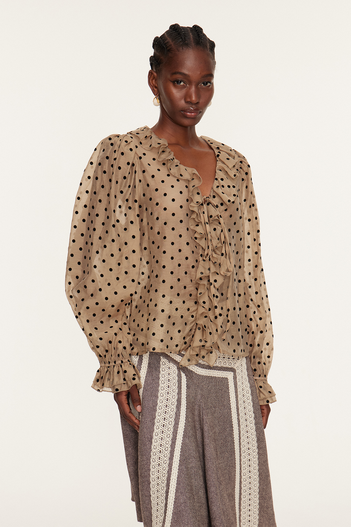 Essi Balloon Sleeve Ruffle Dot Top