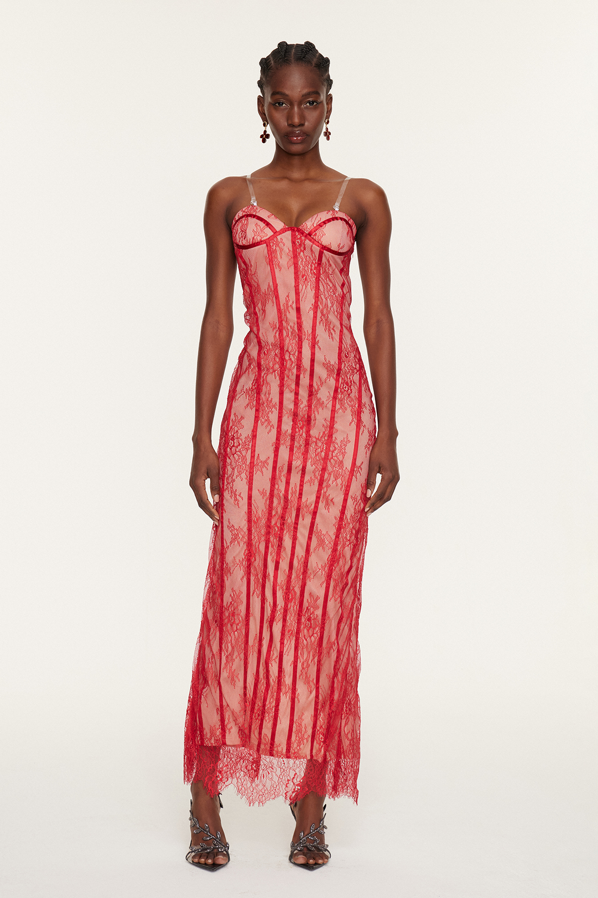 Estee Strapless Lace Bodycon Maxi Dress In Red