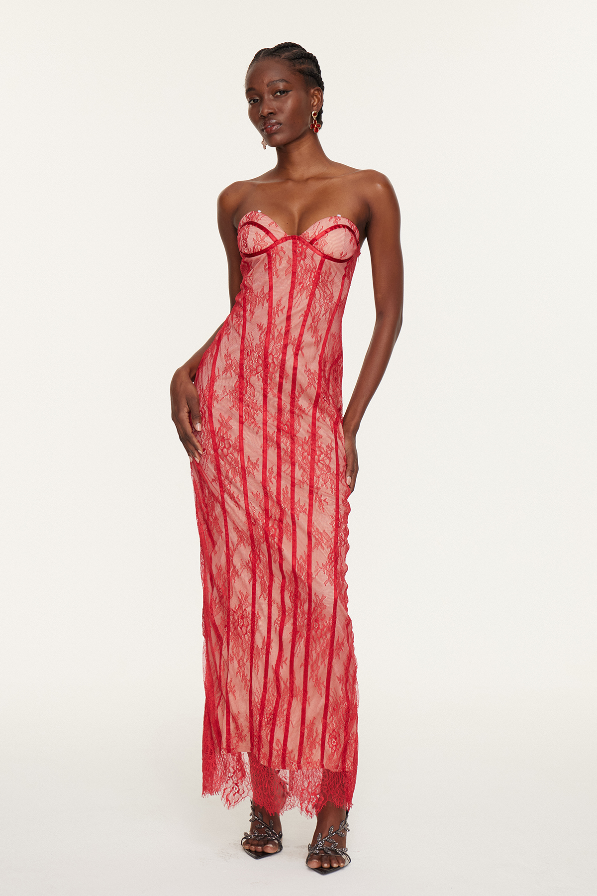 Estee Strapless Lace Bodycon Maxi Dress In Red