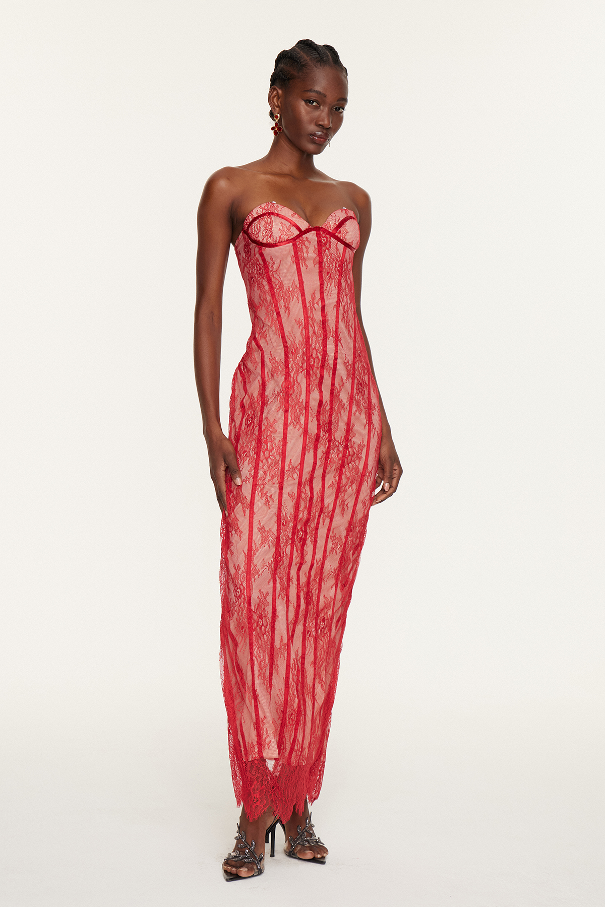 Estee Strapless Lace Bodycon Maxi Dress In Red