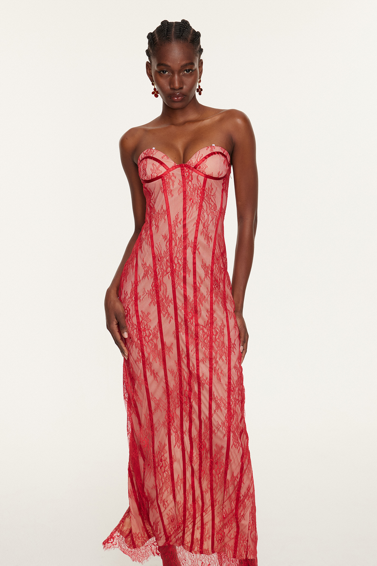 Estee Strapless Lace Bodycon Maxi Dress In Red