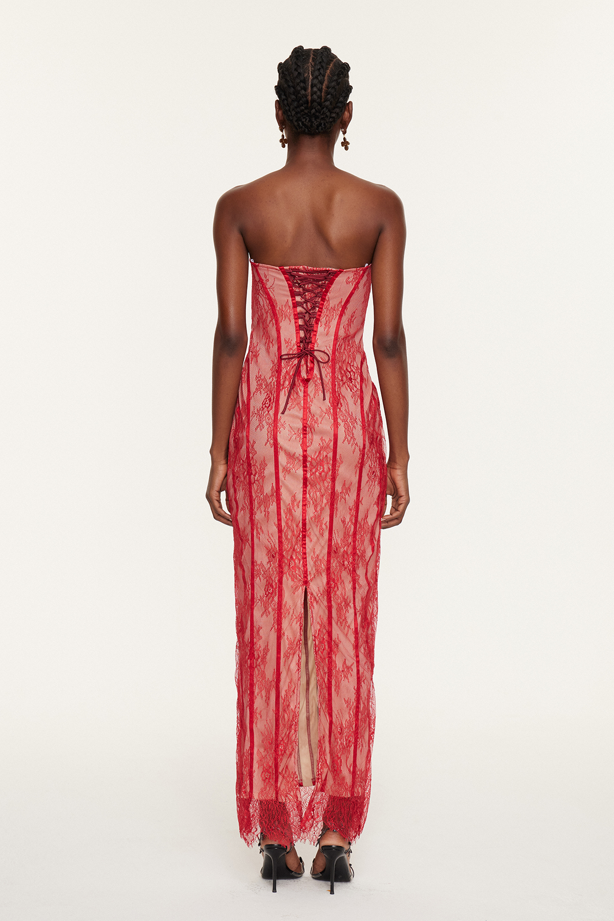 Estee Strapless Lace Bodycon Maxi Dress In Red