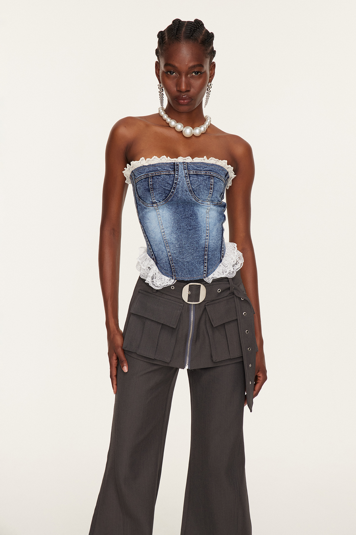 Etel Lace Bodycon Denim Top