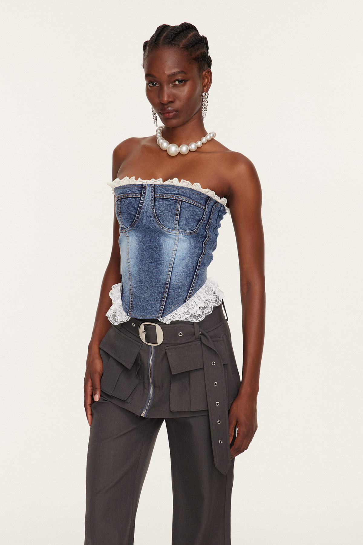 Etel Lace Bodycon Denim Top