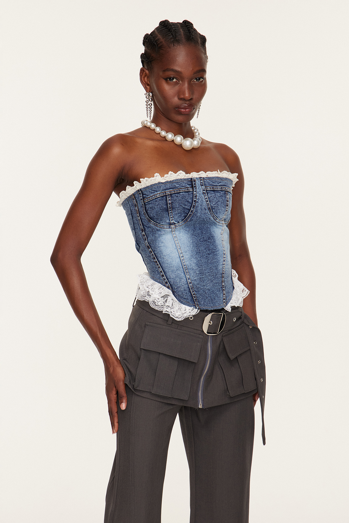 Etel Lace Bodycon Denim Top