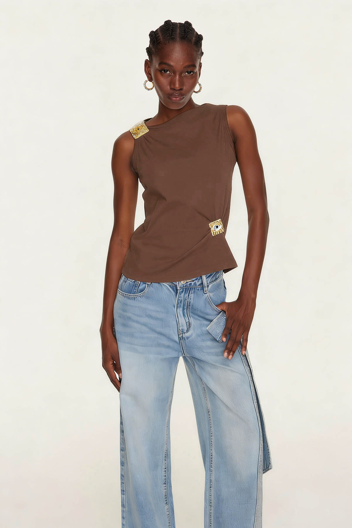 Etelvina Asymmetric Embellished Top In Brown