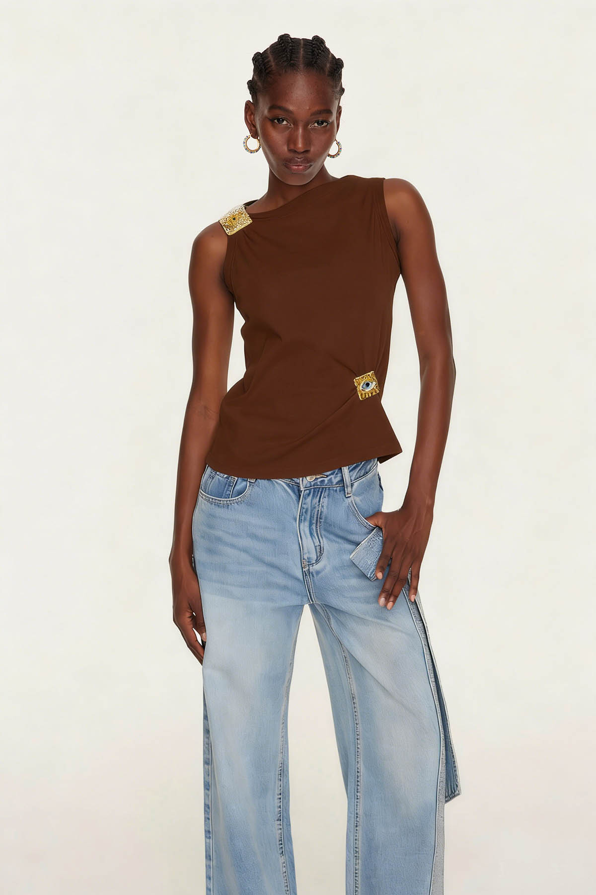 Etelvina Asymmetric Embellished Top In Brown