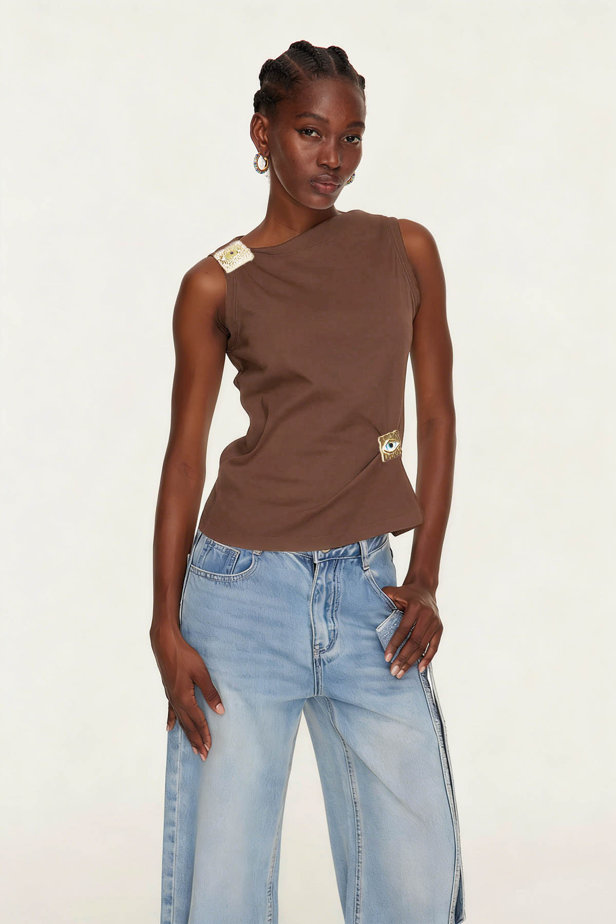 Etelvina Asymmetric Embellished Top In Brown