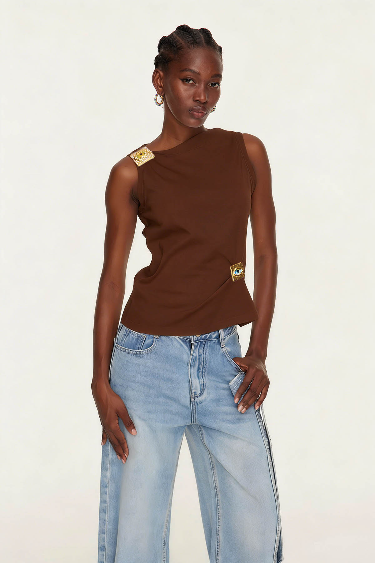 Etelvina Asymmetric Embellished Top In Brown