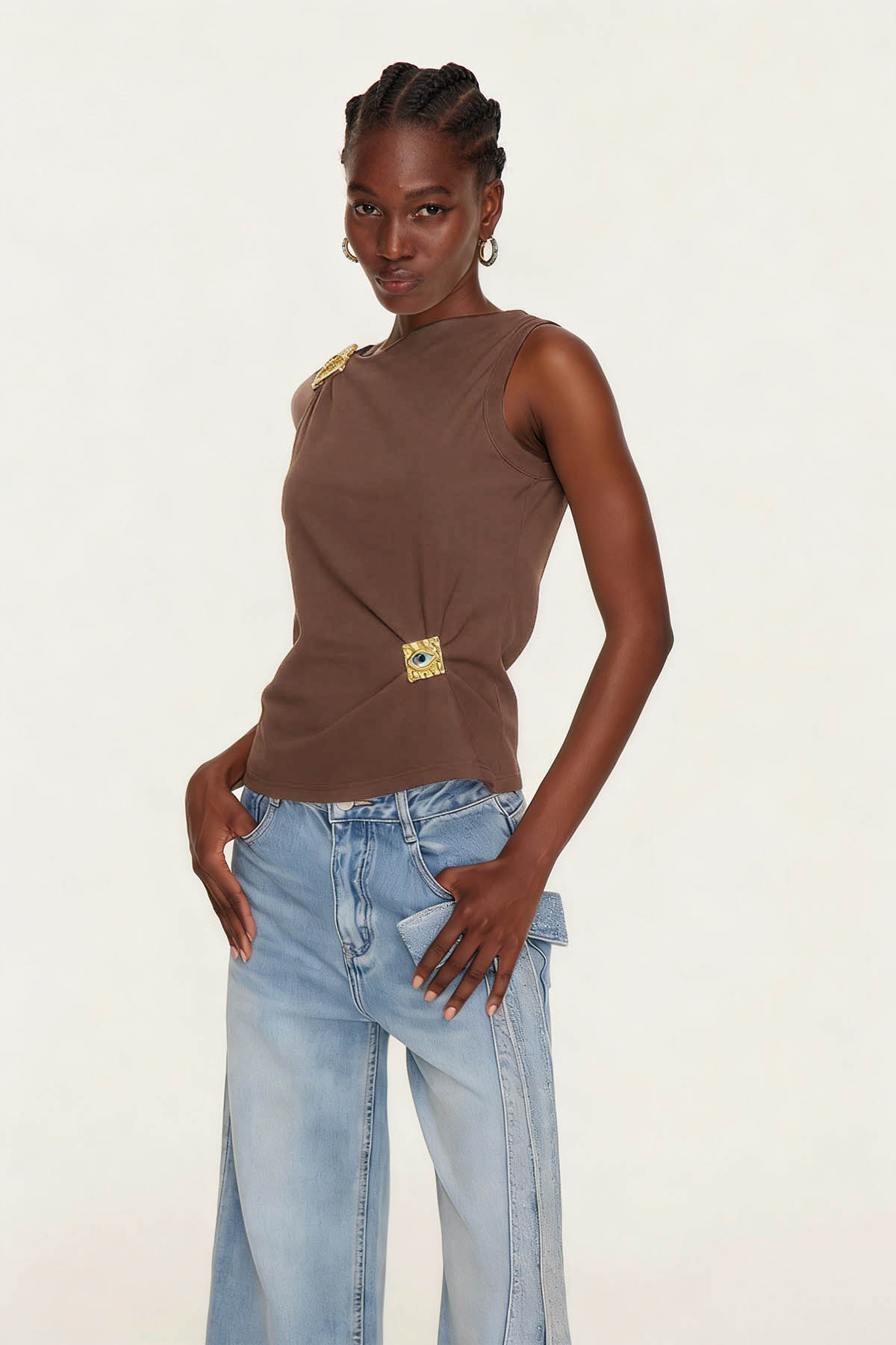 Etelvina Asymmetric Embellished Top In Brown
