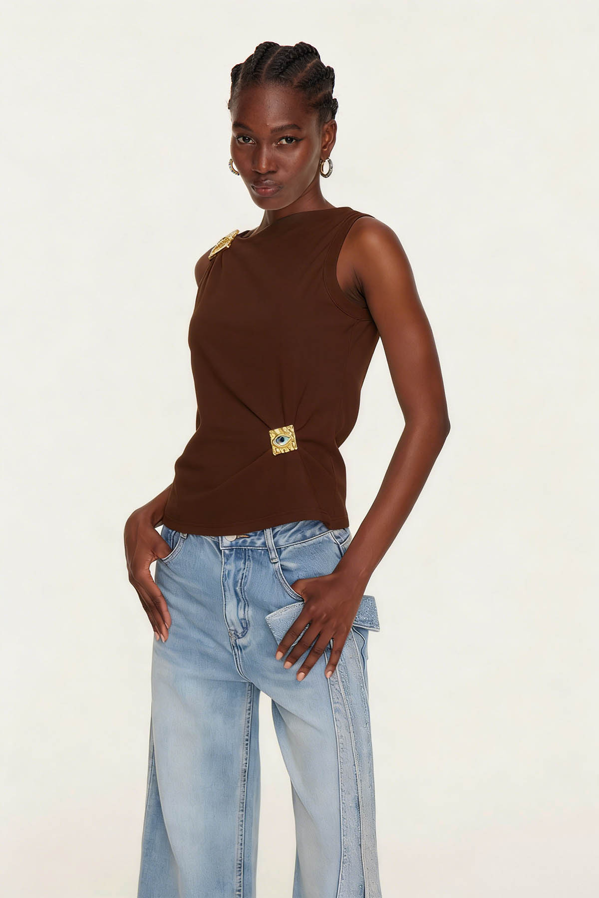 Etelvina Asymmetric Embellished Top In Brown