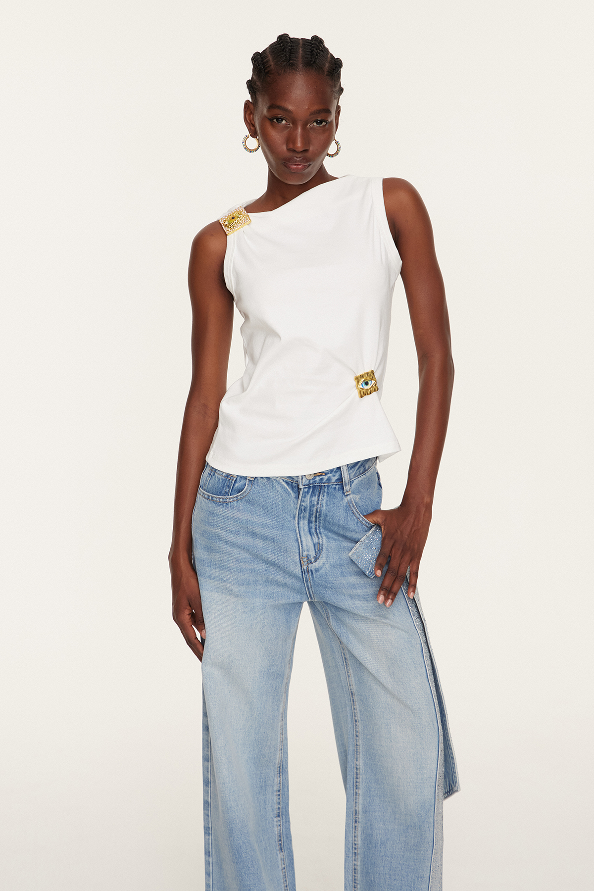 Etelvina Asymmetric Embellished Top In White