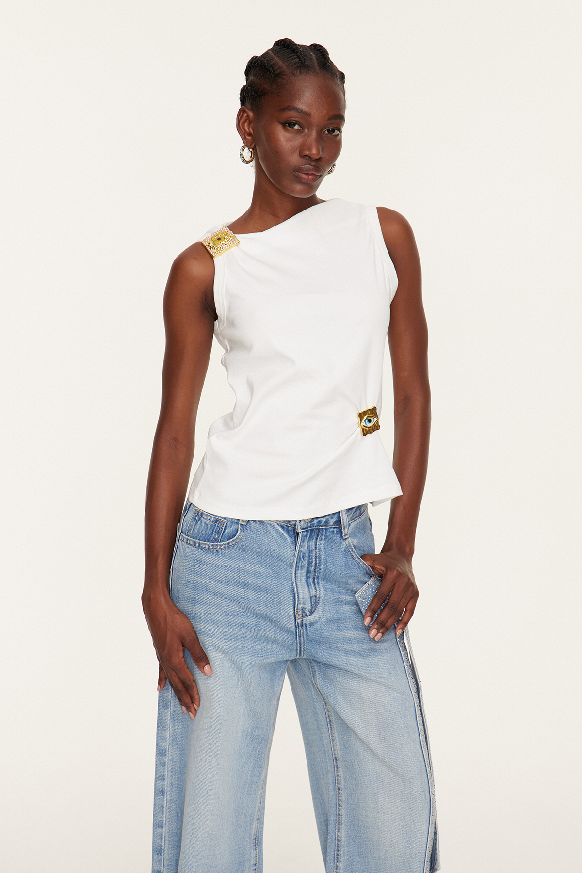 Etelvina Asymmetric Embellished Top In White