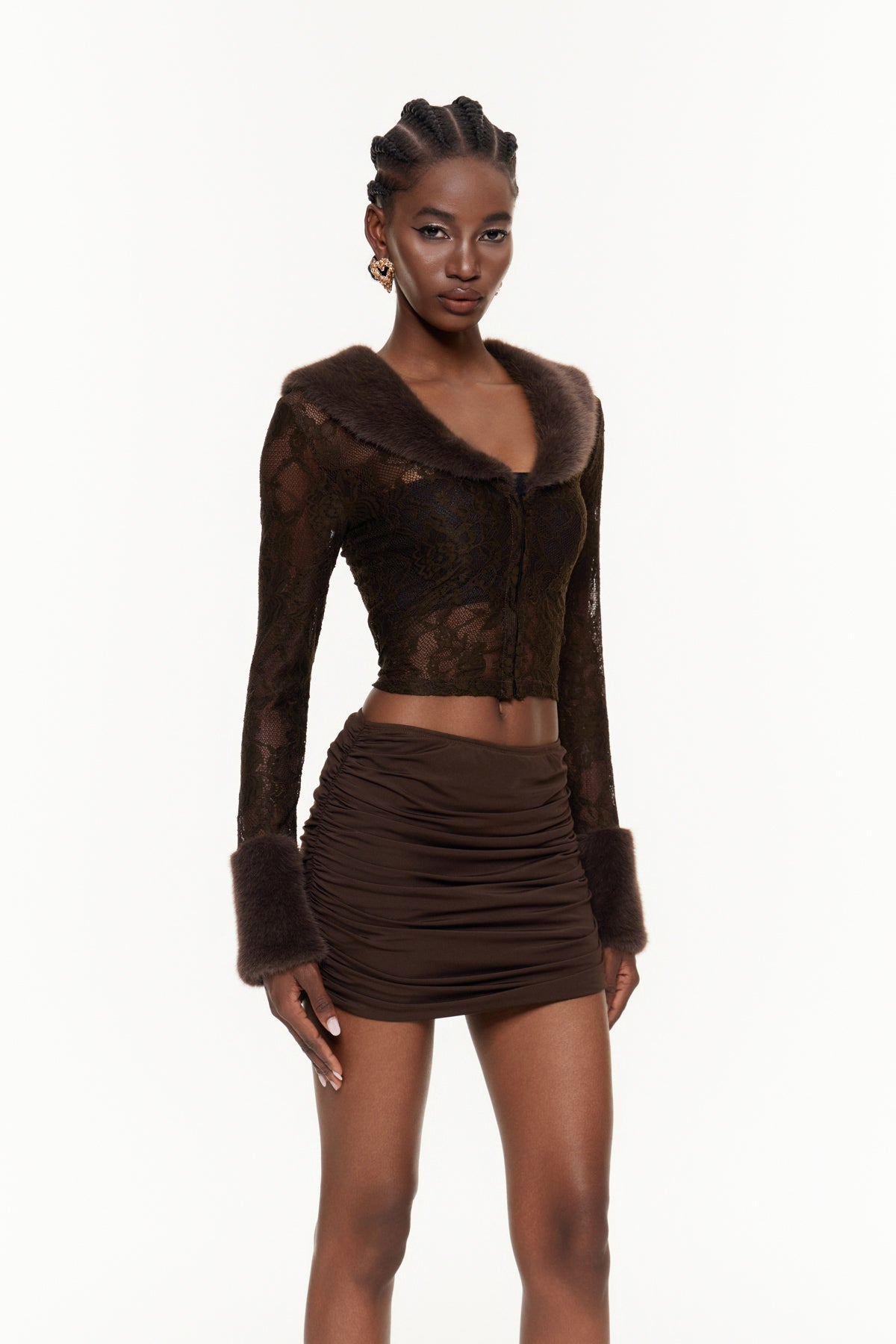 Fabiano Faux Fur V Neck Mini Skirt Set