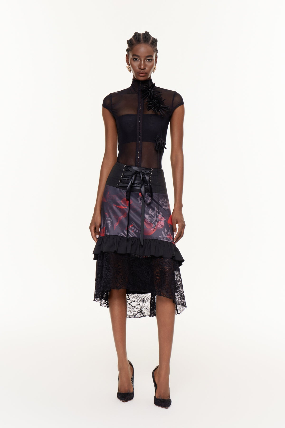 Fabienne Lace Up Lace High Low Skirt