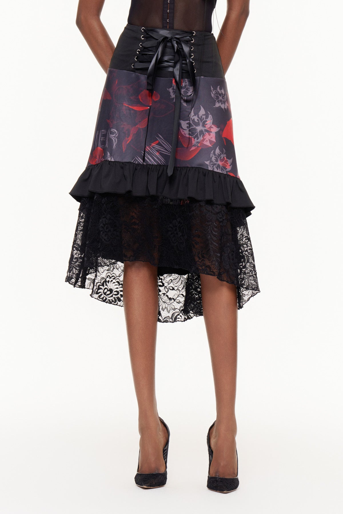 Fabienne Lace Up Lace High Low Skirt