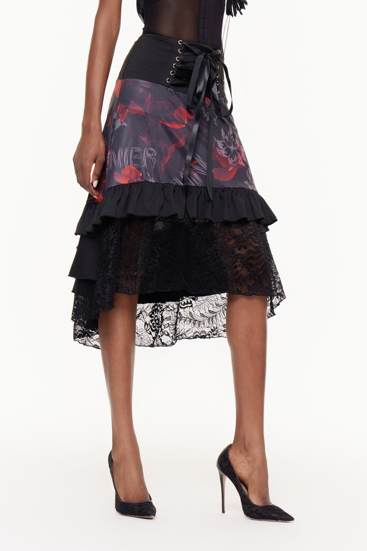 Fabienne Lace Up Lace High Low Skirt