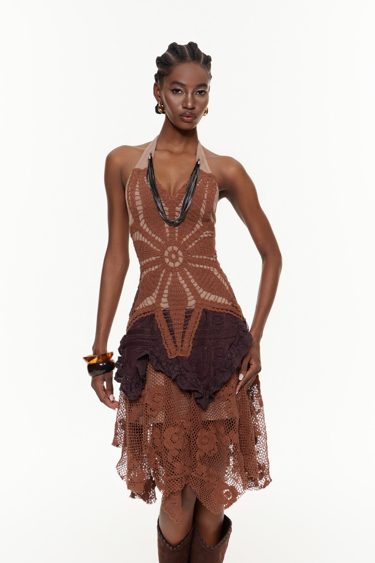 Fabricio Halter Neck Floral Knit Midi Dress