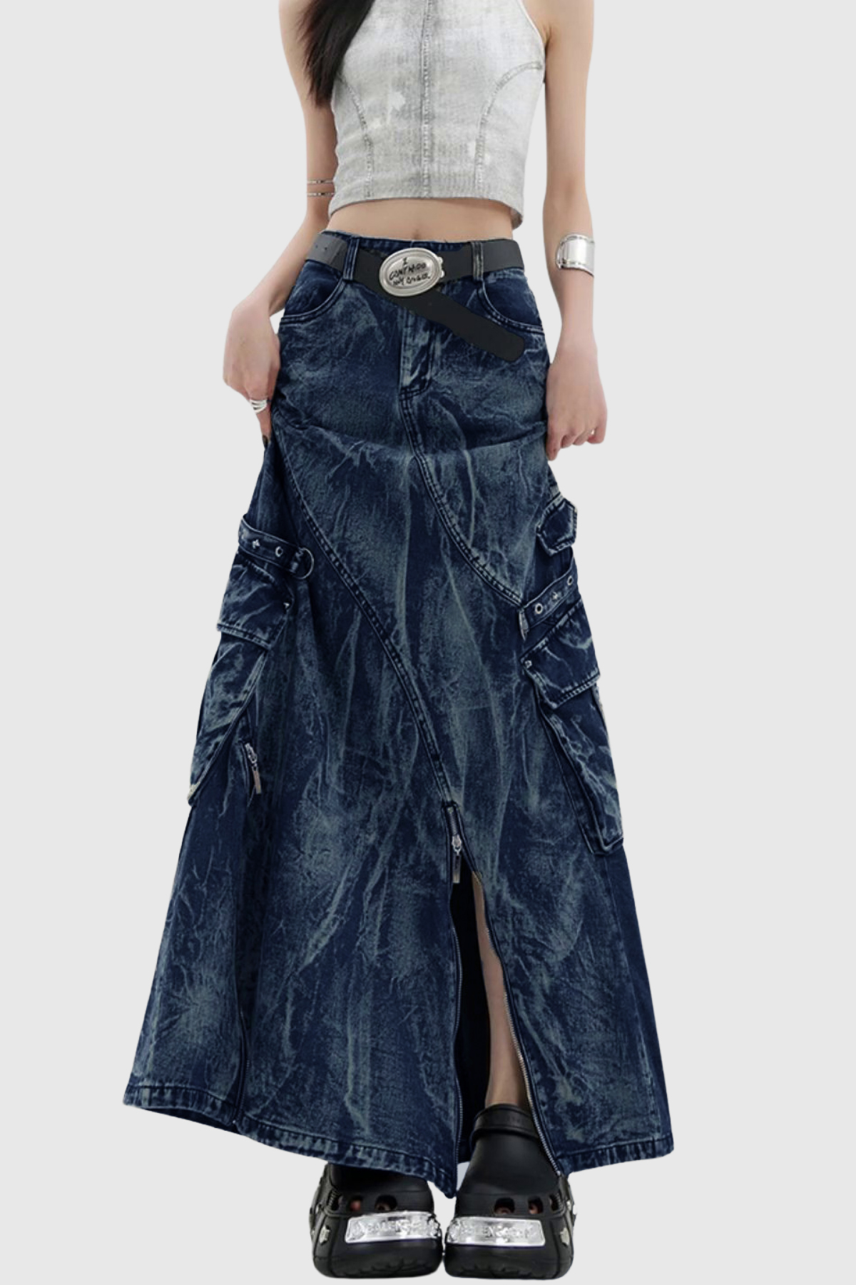 Fabricius Asymmetric Zipper Denim Maxi Skirt
