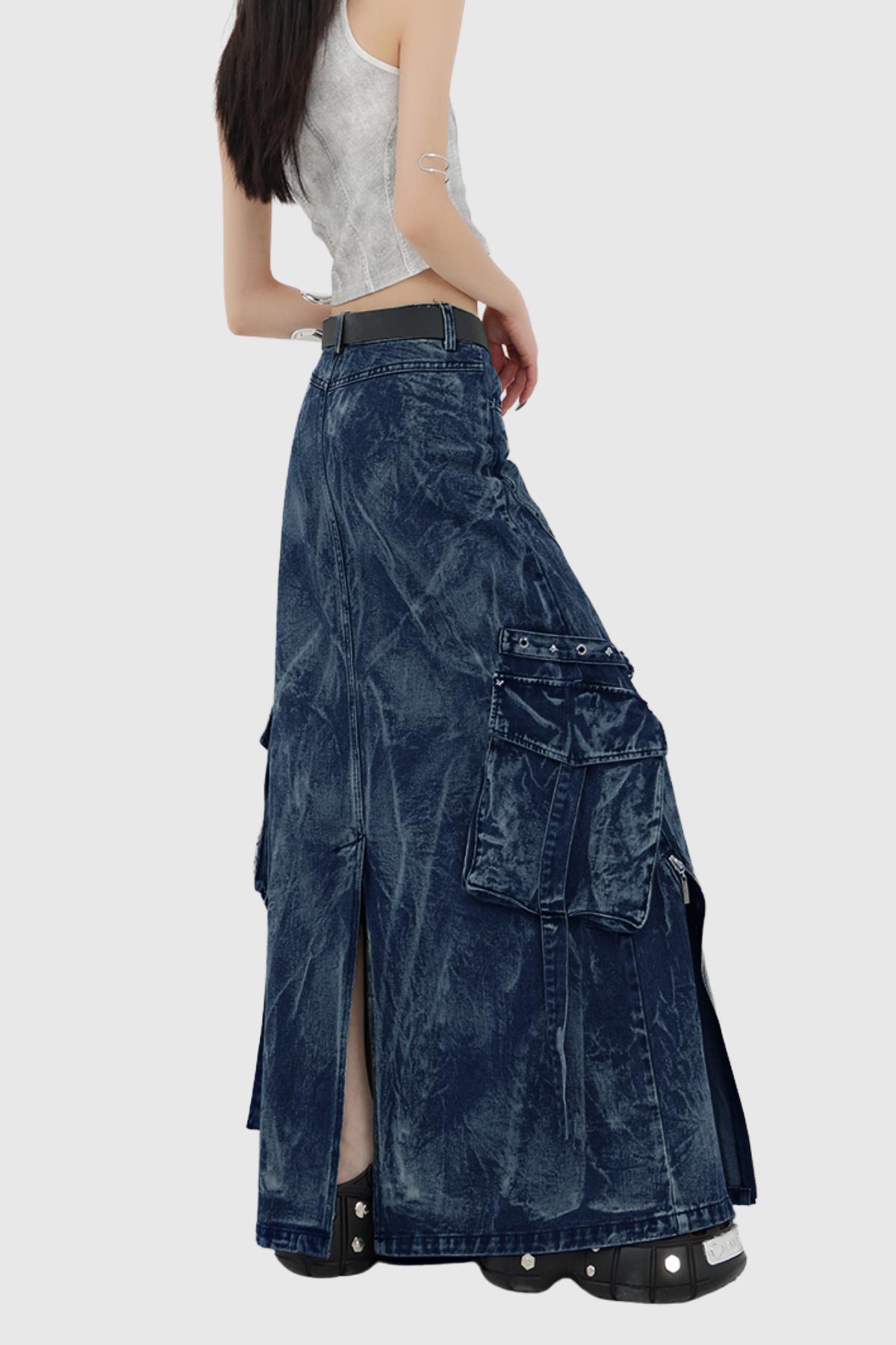 Fabricius Asymmetric Zipper Denim Maxi Skirt