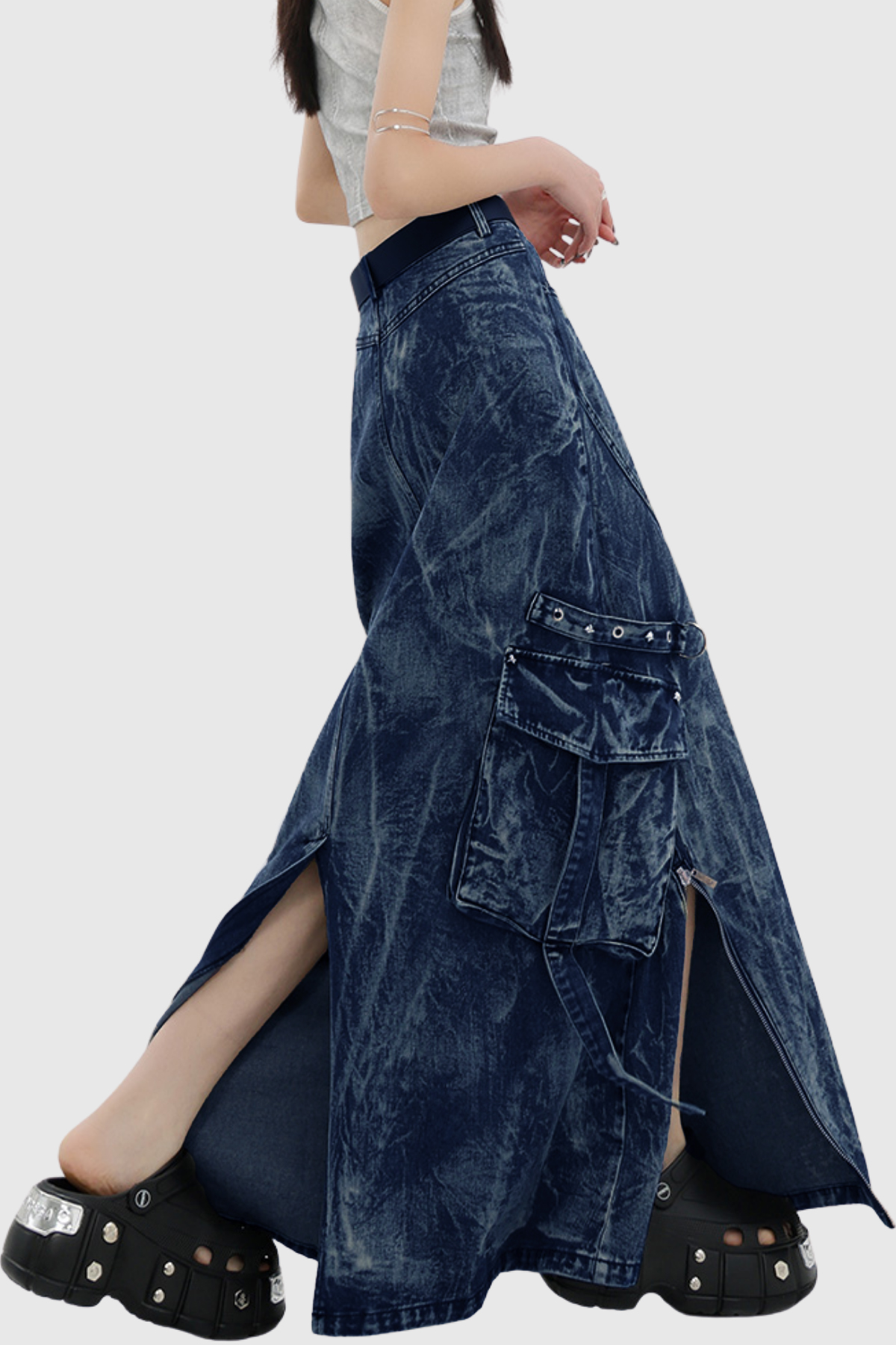 Fabricius Asymmetric Zipper Denim Maxi Skirt