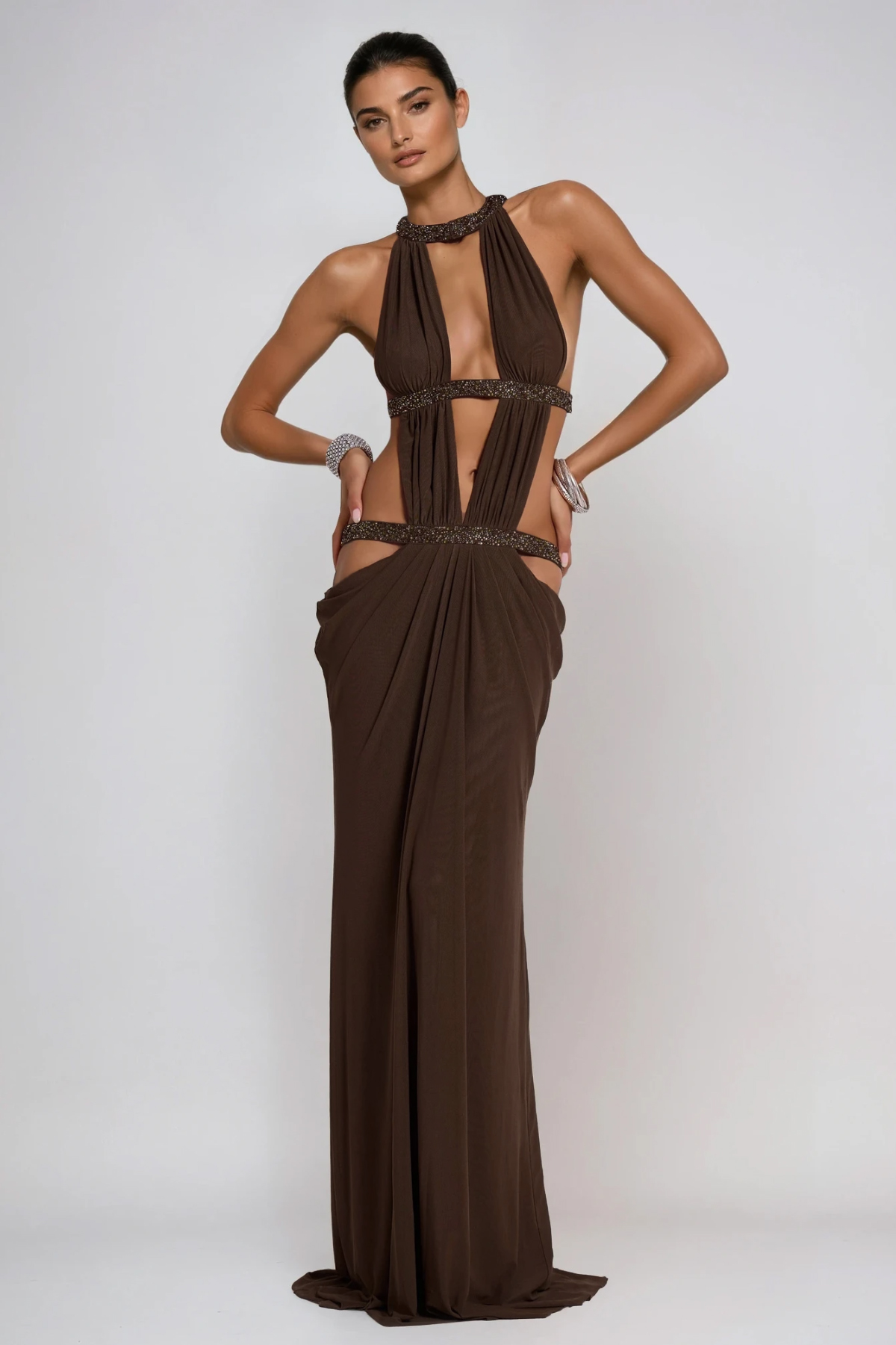 Fadzai Plunge Backless Cutout Maxi Dress In Brown