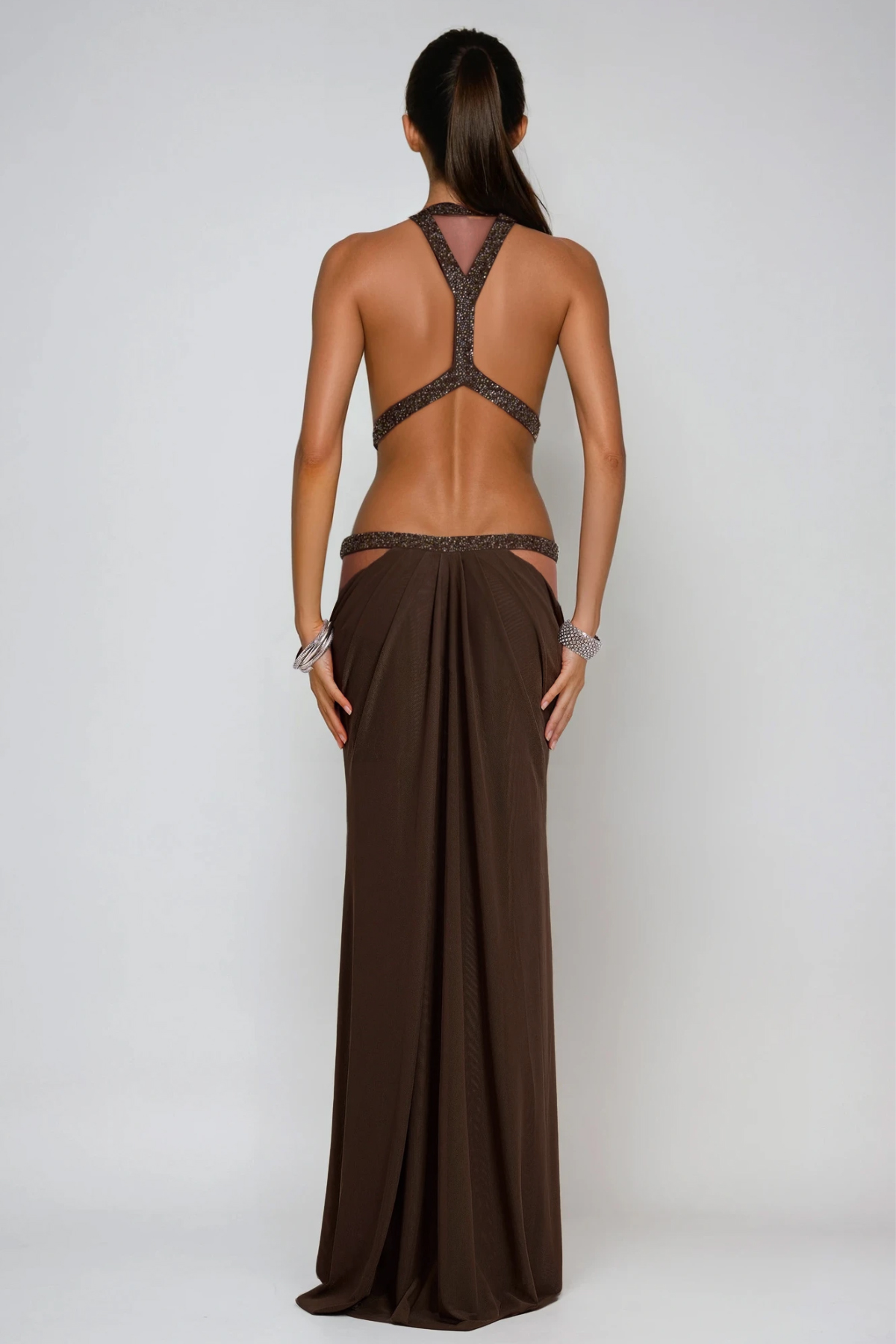 Fadzai Plunge Backless Cutout Maxi Dress In Brown