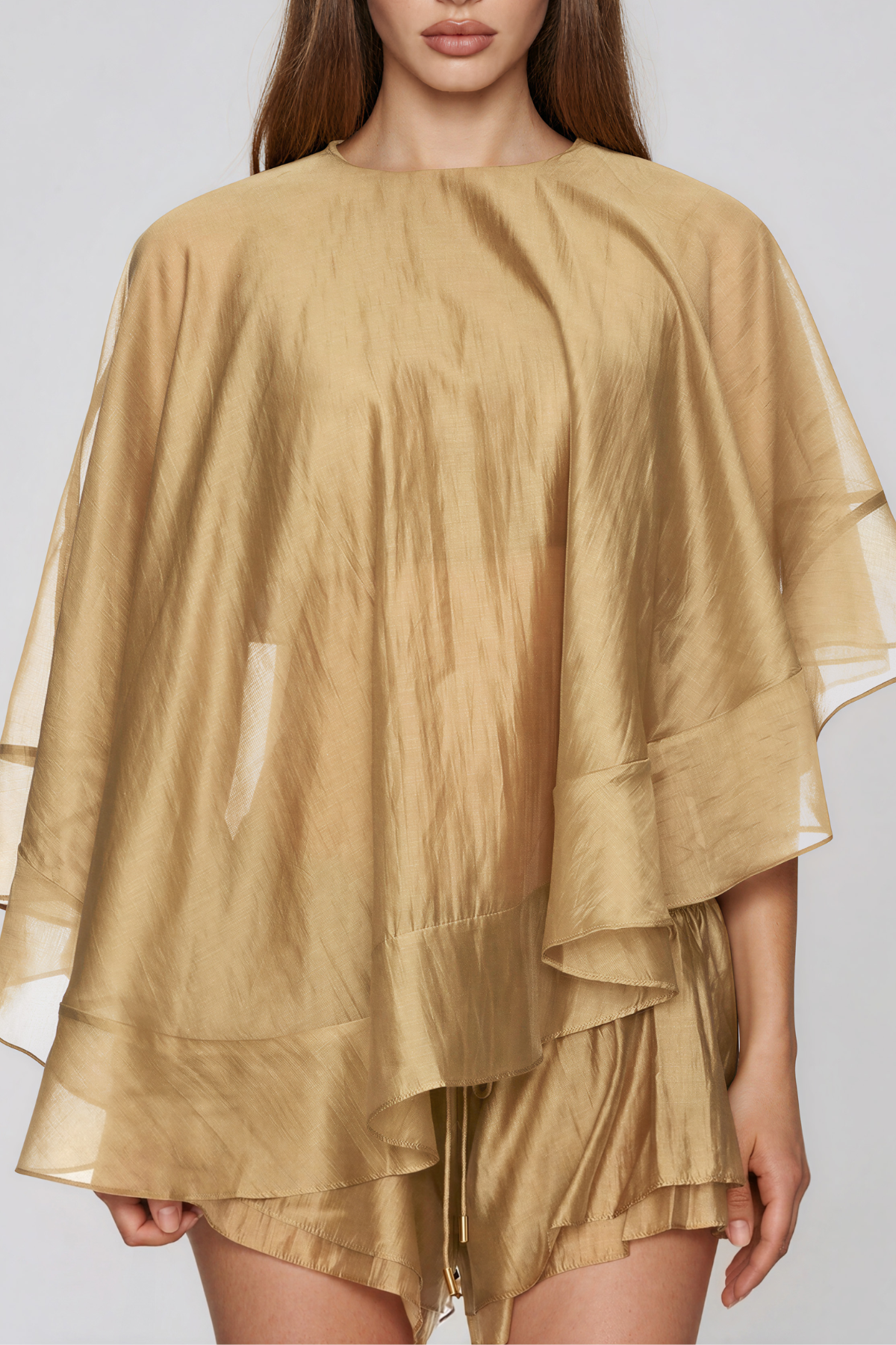 Faelan Cape Sleeve Mesh Ruffle Shorts Set